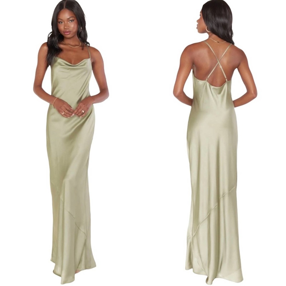Show Me Your MuMu Olive Green Satin Slip Maxi Dress